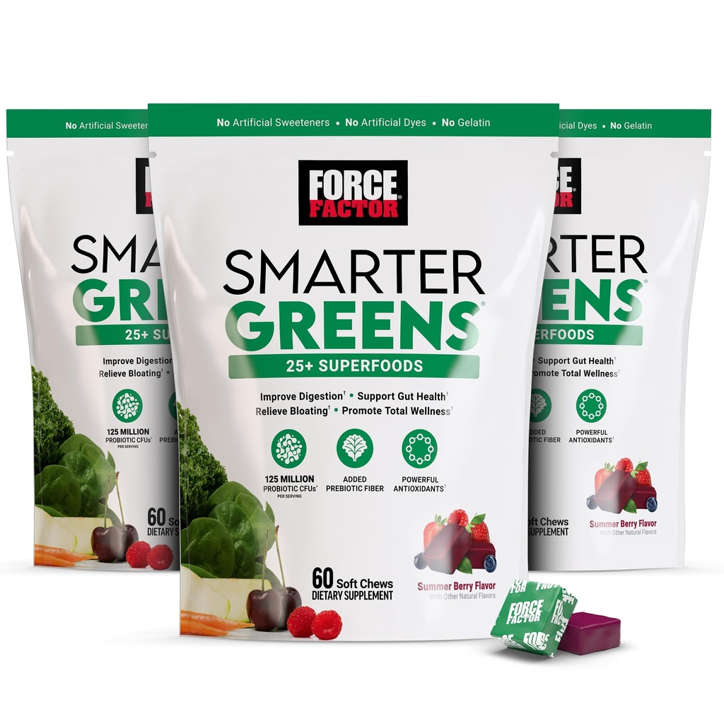 Force FACTOR Greens mai inteligente Chews Superfood, 3-Pack, Verzi și Superfoods cu Probiotice, Antioxidanți, și Fiber, Greens Supliment pentru a sprijini Digestia, oxid de azot și energie, 180 Chews