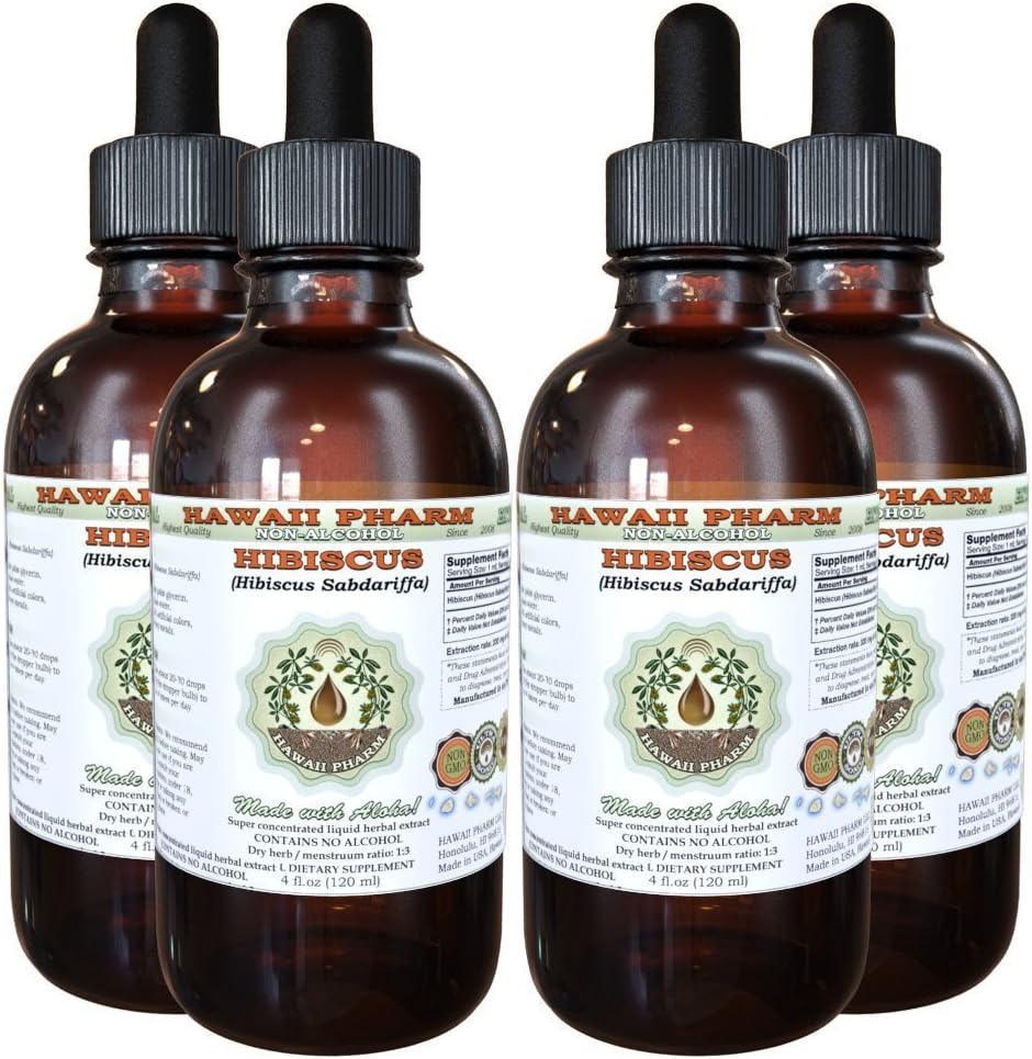 Hibiscus Extract lichid fără alcool, Hibiscus organic (Hibiscus Sabdariffa) Flori uscate Glicerite Hawaii Pharm Supliment natural Herbal 4x4 oz