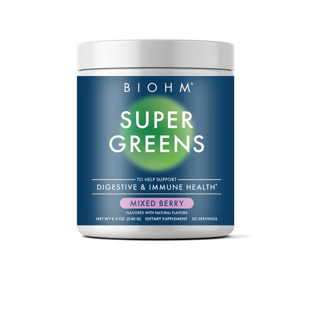 BIOHM Super Greens, Green Superfood Powder (8.5 Oz, 30 Servings) Antioxidant Veggie Powder & Smoothie Mix, 34 Superfoods & Spirulina, Digestive Enzime, Prebiotice și Probiotice, Amestec Berry Flavor