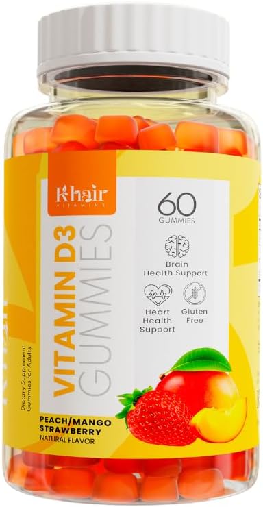 Khair Halal Vitamina D3 Gume pentru suport osos și muscular - non-GMO, Gluten & Gelatină Free, Vegetarian, Halal-Certificat, Mango natural, Peach & Strawberry Aroma - 60 Gummies