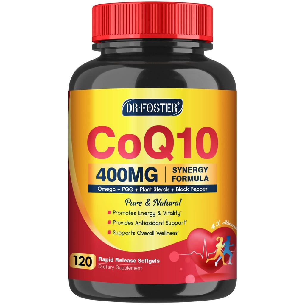 CoQ10 400mg SoftGels COQ10 - CQ10 Coenzime Q10 Supliment, Plus PQQQ, Omega 3, și vitamina E, pentru inimă și energie celulară, 120 Serviri