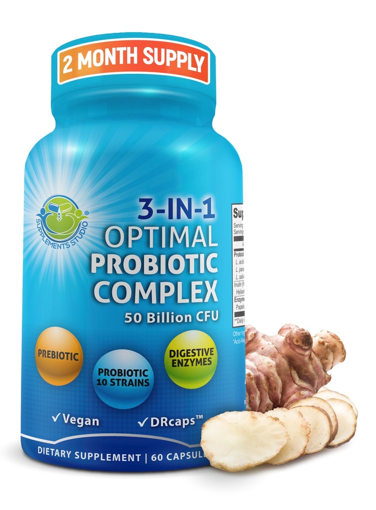 Probiotice cu enzime digestive si prebiotice pentru femei si barbati - 3-in-1 Vegan Probiotic Complex Multi Enzime Probiotice pentru sanatate Gut - Absorbtie maxima capsule intarziat-Release