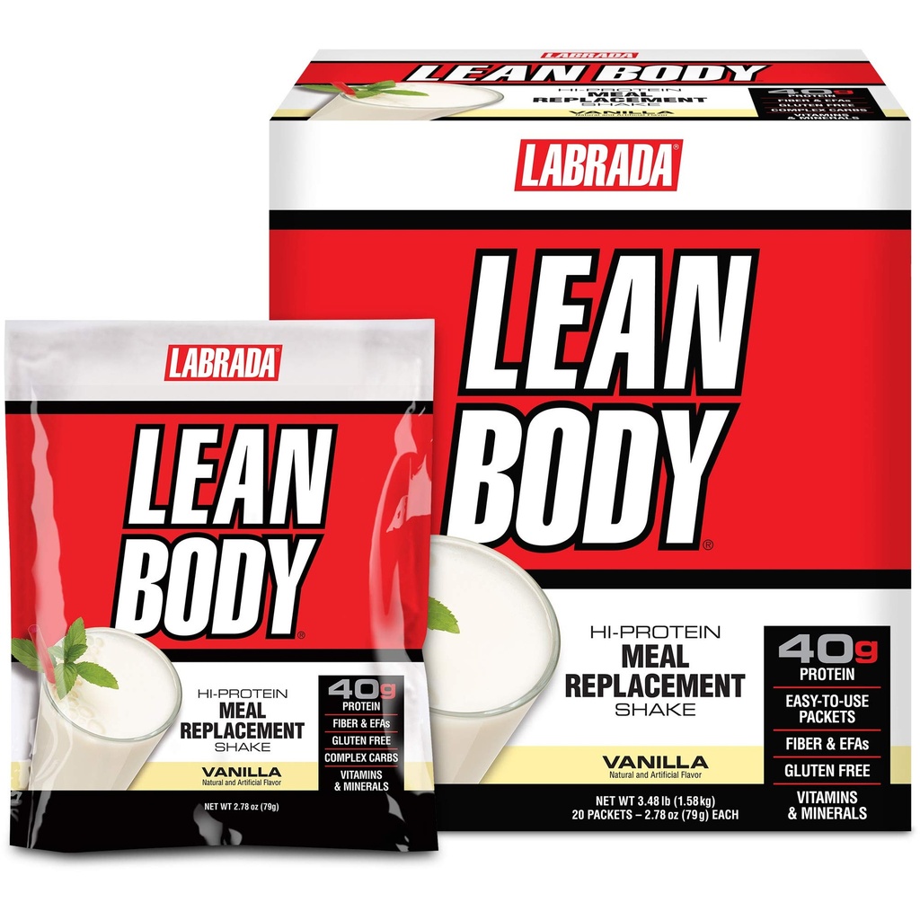 Lean Body MRP All-In-One Vanilla Masă de înlocuire Shake, 40g Proteine, Whey Blend , 8g grăsimi sănătoase EFA & Fibră, 22 vitamine și minerale , Fără culoare artificială, Gluten gratuit, (20 Pachete)