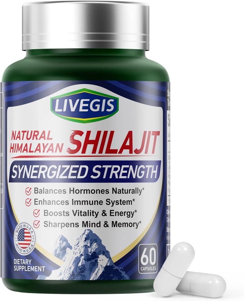 Capsule Himalayan Shilajit Balance Hormoni, Boost Imunitatea, Îmbunătățește Vitality & Memory, Supliment de înaltă capacitate cu diverse ingrediente, Non-GMO Natural & Organic - 60 Conte