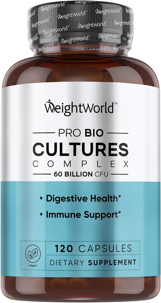 GreutateWorld Bio Cultures Complex - Probiotic pentru femei si barbati - Lab tert-party testat - 120 capsule Vegan (2 luni de aprovizionare) - 60 miliarde CFU cu 20 de tulpini probiotice - Vegan, non-GMO & Gluten-Free