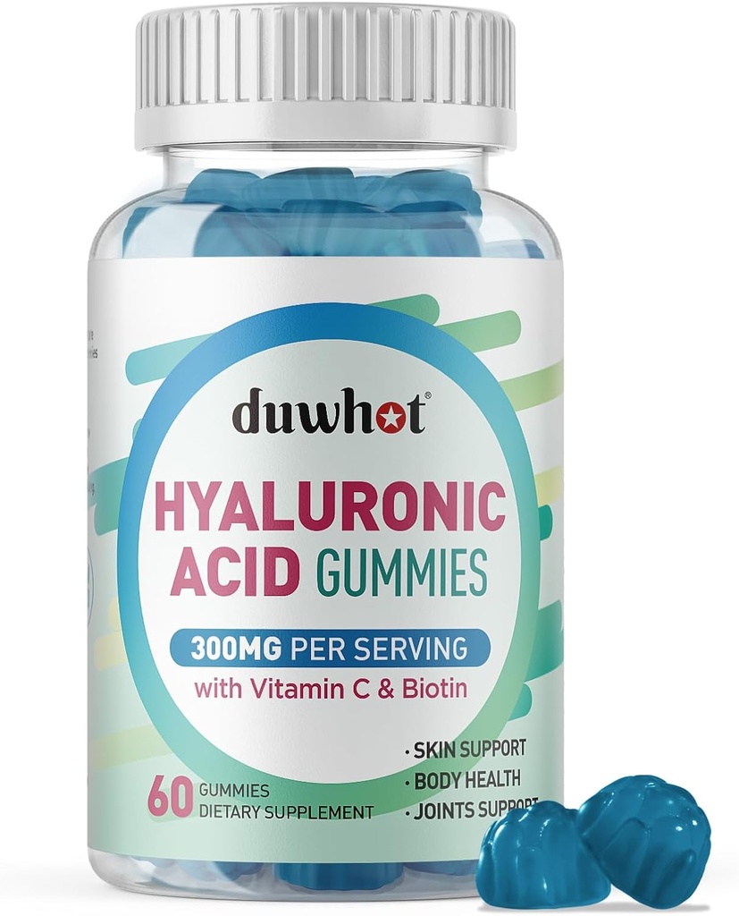Hyaluronic Acid Gummies, Hyaluronic Acid Supplements with Vitamin C & Biotin 5000mcg for Skin, Hair, Nails Health, Joints Supplements for Women & Men, Low Sugar, Vegan, Non-GMO, 60 Counts