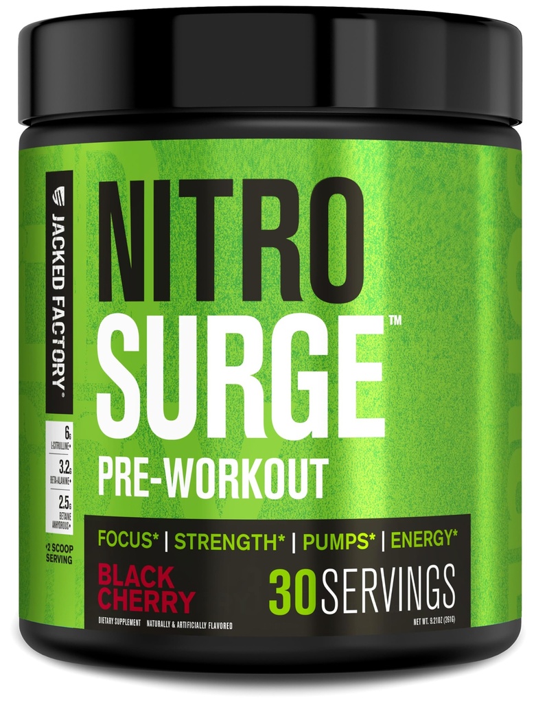 Fabrica Jacked NITROSURGE Suplimentul de pregătire - energie fără sfârșit, câștiguri de putere instant, focalizare clară și pompe intense - NO Booster & Powerful Preworkout Energetic Powder - 30 Servings, Black Cherry