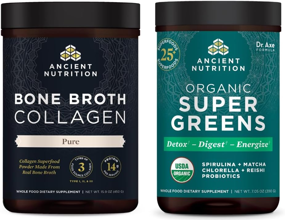 Nutritie antica Broth Colagen Pulbere, Pure, 30 Serviri + Supergreen organic pulbere, aroma verde, 25 Serviri