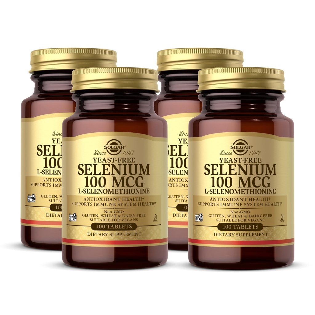 Seleniu Solgar-Free 100 mcg - 100 comprimate, Pachet de 4 - Susţine antioxidant şi sistemul imunitar de sănătate - non-GMO, gluten gratuit, lactate gratuit, Kosher - 400 Serviri totale