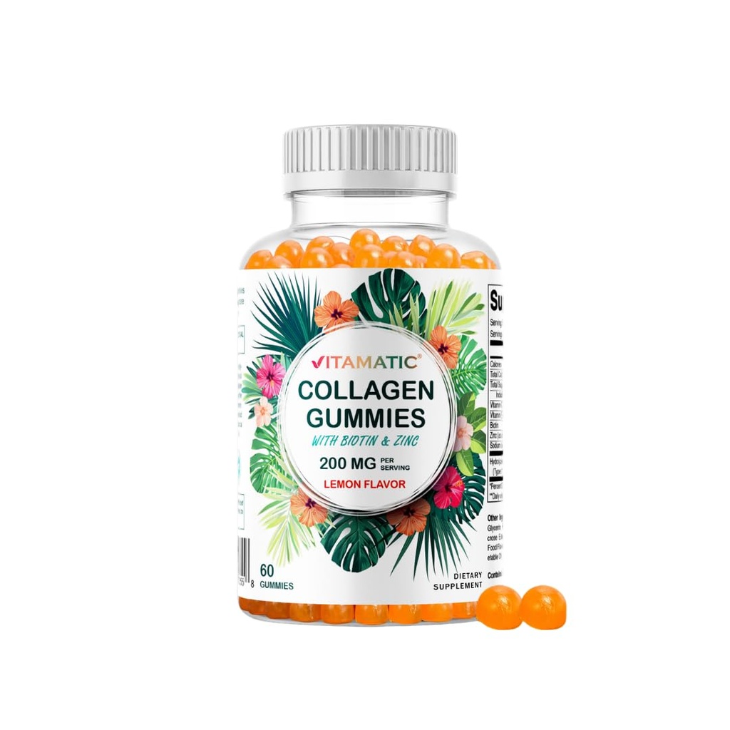 Gume de colagen hidrolizate cu vitamina C, zinc și biotină, 200 mg - Suport de piele sănătos - 60 gume
