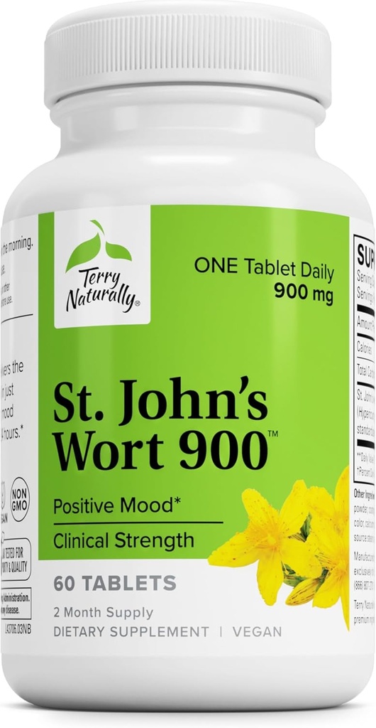 Terry Natural St John's Wort 900-60 comprimate - Oferă o doză clinică completă - non-GMO, Vegan, Gluten gratuit - 60 Servings