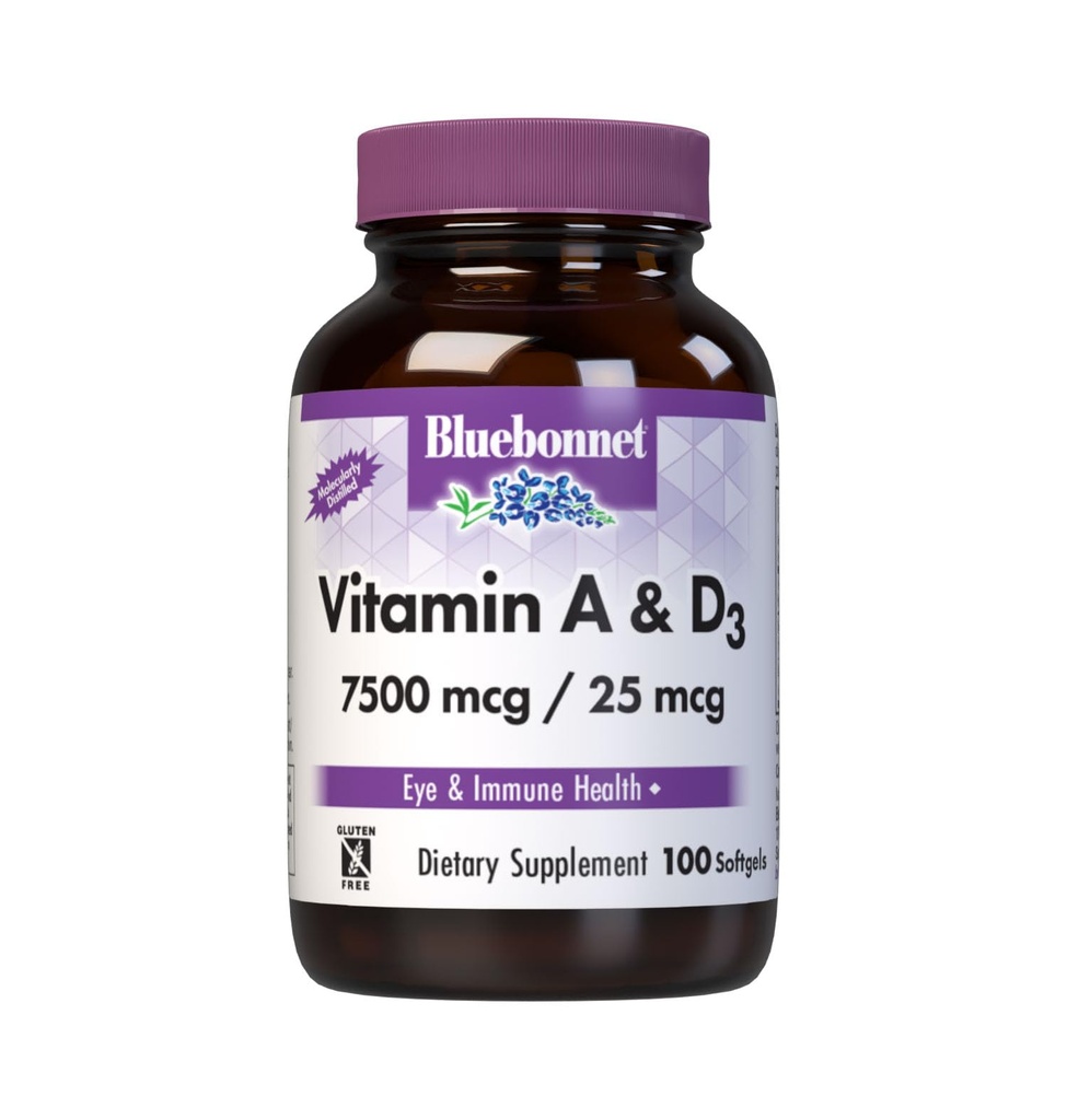Bluebonnet Nutrition Vitamina A & D3 2500 UI/1.000 UI din Marea Adâncă, apă rece, ulei de pește - Pentru sănătatea ochilor și funcția imună* - Gluten Free - Dairy Free - Distilate molecular - 100 Softgel/Servings
