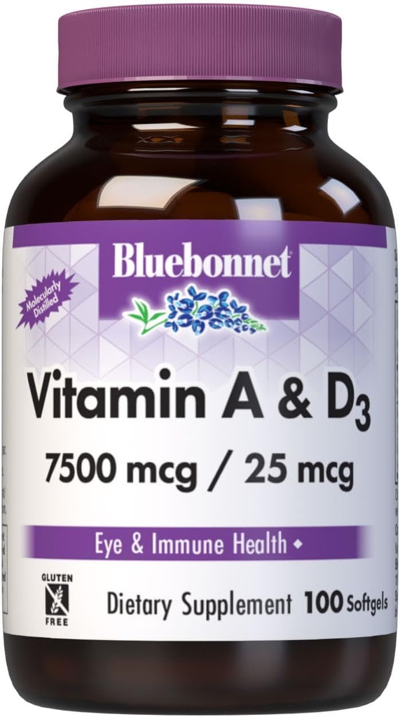 Bluebonnet Nutrition Vitamina A & D3 2500 UI/1.000 UI din Marea Adâncă, apă rece, ulei de pește - Pentru sănătatea ochilor și funcția imună* - Gluten Free - Dairy Free - Distilate molecular - 100 Softgel/Servings