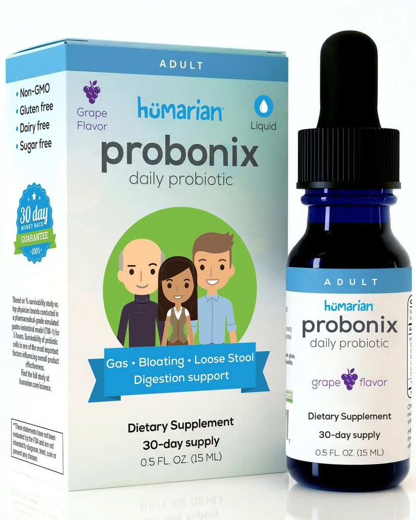 Probonix Probiotice lichide Humariane pentru adulți - 12 picături probiotice pentru a fortifica sanatatea, imunitatea și mai mult - 30 de zile de aprovizionare - Aroma de struguri delicioasa