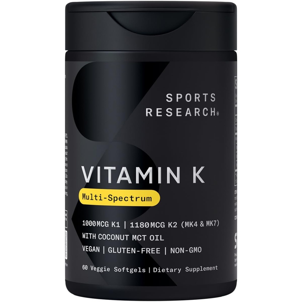 Cercetare sportivă Vitamina K Multi-Spectrum - Trei tipuri de vitamina K: K1, K2 MK-4 & K2 MK-7 - Vegan prietenos, Capsule Plantgel - 60 softgels