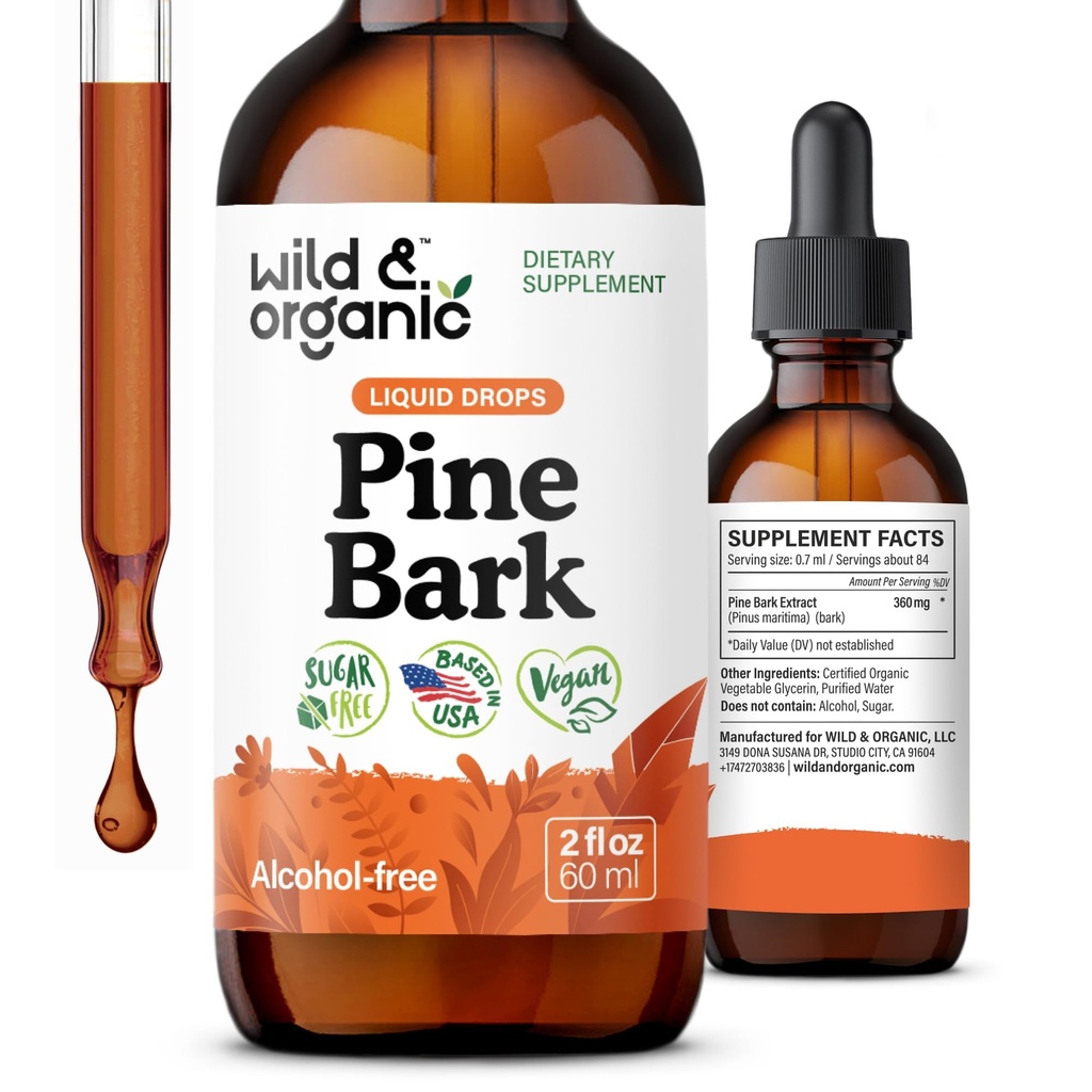 Extract de scoarță de pin sălbatic și organic - Suport antioxidant - Suplimente Pinus Pinaster - Picături lichide cu barcă maritimă franceză - aprovizionare cu 2-lună - Vegan, alcool și zahăr - 2 fl oz