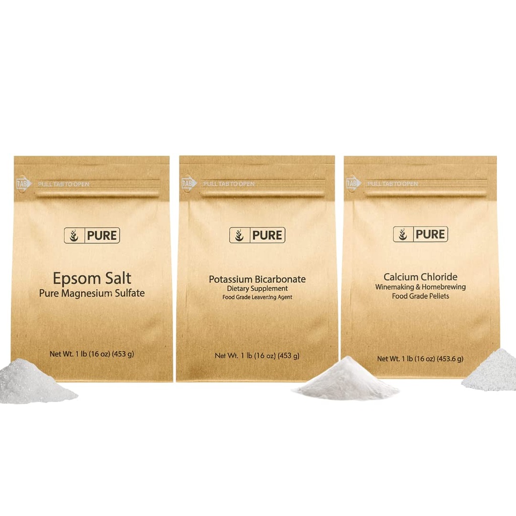 Ingrediente originale pure Bicarbonat de potasiu, Clorura de calciu, & Epsom Salt Bundle, (1lb) Alimente sigure, Curățare și gătit