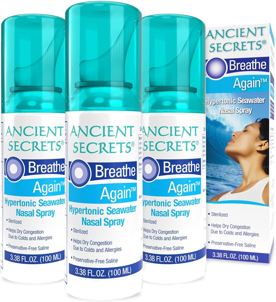 SECRETE ANCIENTe Spray nazal saline - respirație din nou Hypertonic Seawater Spray Nasal, Alergia & Sinus Relief, Congestie nazală Moisturizer, 3.38 Fl Oz (Pachet de 3)