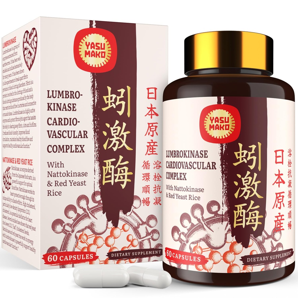 Lumbrokinaza 100mg (Max Activity 1.000.000 LKU),Nattokinaza 100mg-2.000 FU de activitate și Red Yeast Rice 300mg, Pottent Lumbrokinaza Enzime Suplimentul pentru Circulatorii,Cognition,60 Capsule (Pachet de 1)