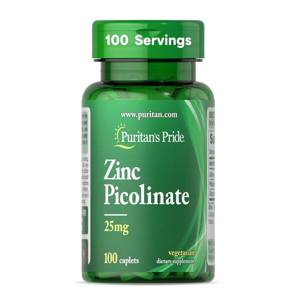Pride Zinc picolinat 25 mg puritan cu calciu și fosfor, Supliment alimentar vegetarian pentru sistemul imunitar, metabolice energetice, diviziunea celulară și de sprijin pentru creștere, 100 Caplete