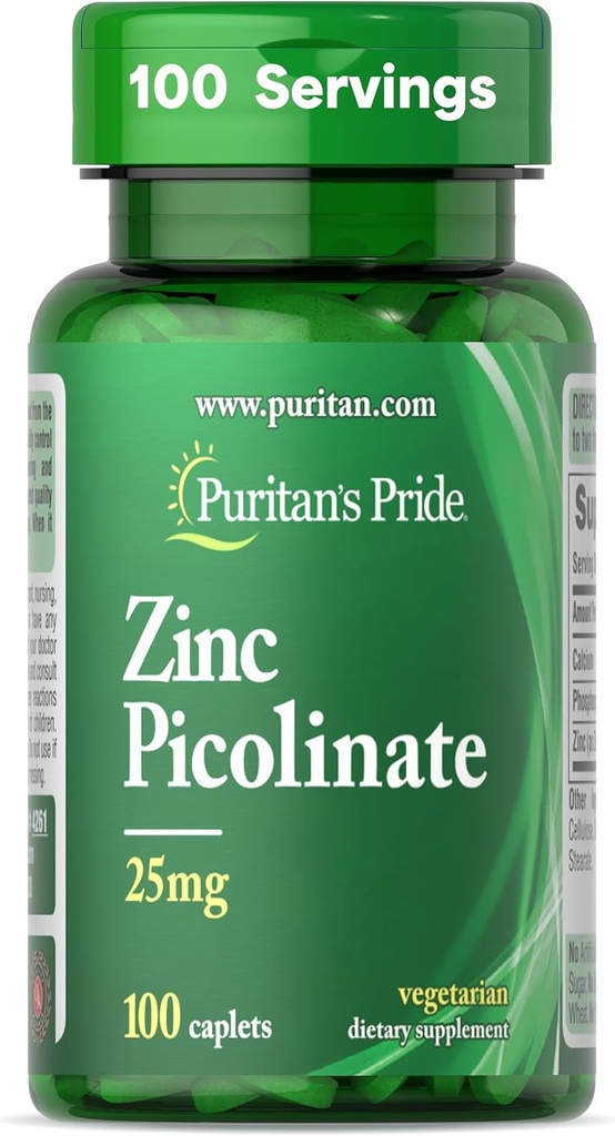 Pride Zinc picolinat 25 mg puritan cu calciu și fosfor, Supliment alimentar vegetarian pentru sistemul imunitar, metabolice energetice, diviziunea celulară și de sprijin pentru creștere, 100 Caplete