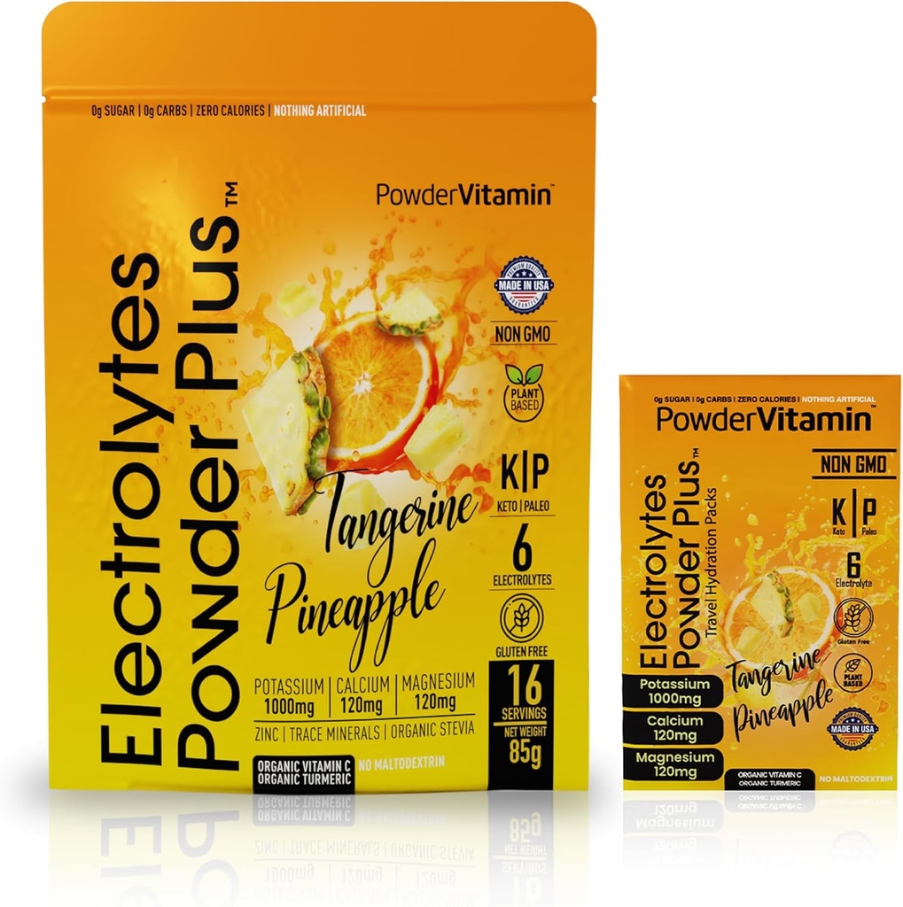 PulbereVitamina Electroliti Powder Plus, Keto, Tangerine Ananas, Zahar Free, Sare Himalayana roz, 1000mg Potasiu, 120mg Calciu, 120mg Magneziu, Non-GMO, Zero Calorii, (16 Pachete de hidratare)