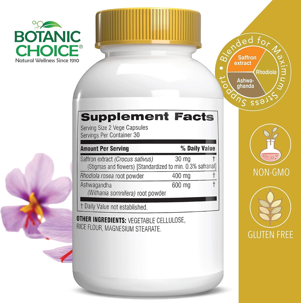 Capsule de stres botanic - suport de moda si memorie cu Saffron, Ashwagandha, Rhodiola - Gluten-Free, 60 capsule
