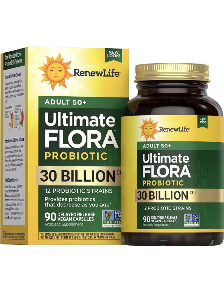 Probiotic de viață nou Adult 50 Plus Capsule probiotice, Suplimentul zilnic susține urinare, Digestive și Immune Health, L. Rhamnosus GG, lactate, soia și gluten-free, 30 miliarde CFU, 90 Conte