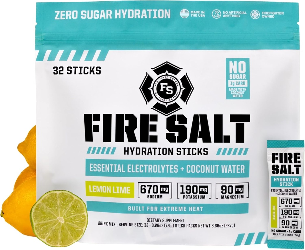 Fire Science Fire Salt Hidratare Sticks, Electroliti & Coconut Water, Hidratare Drink Mix cu magneziu, Potasiu & Sodium, Zero Sugar, Single Serve On The Go Packs, Lemon Lime Flavor, 32 Count