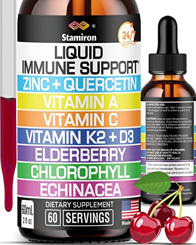 Zinc Querbetin Vitamina C D3 Suport imun lichid cu vitamina A K2 Echinacea Clorofila si Elderberry - 9in1 Immune Defense D3 Complex pentru Imunitate Sănătate respiratorie - 60 Serviri