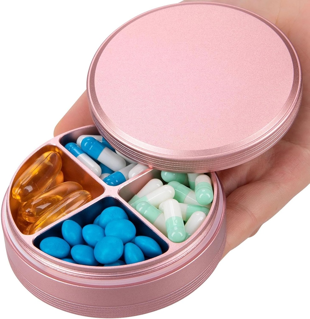 Metal Pill Organizator 4 Compartimente - Portable Travel Pill Case de pastile de zi cu zi, caseta de pastile impermeabile pentru Purse, Compact Pilula Deţinătorul de medicamente Dispensers container pentru Vitamina Cod Ficat supliment de ulei roz