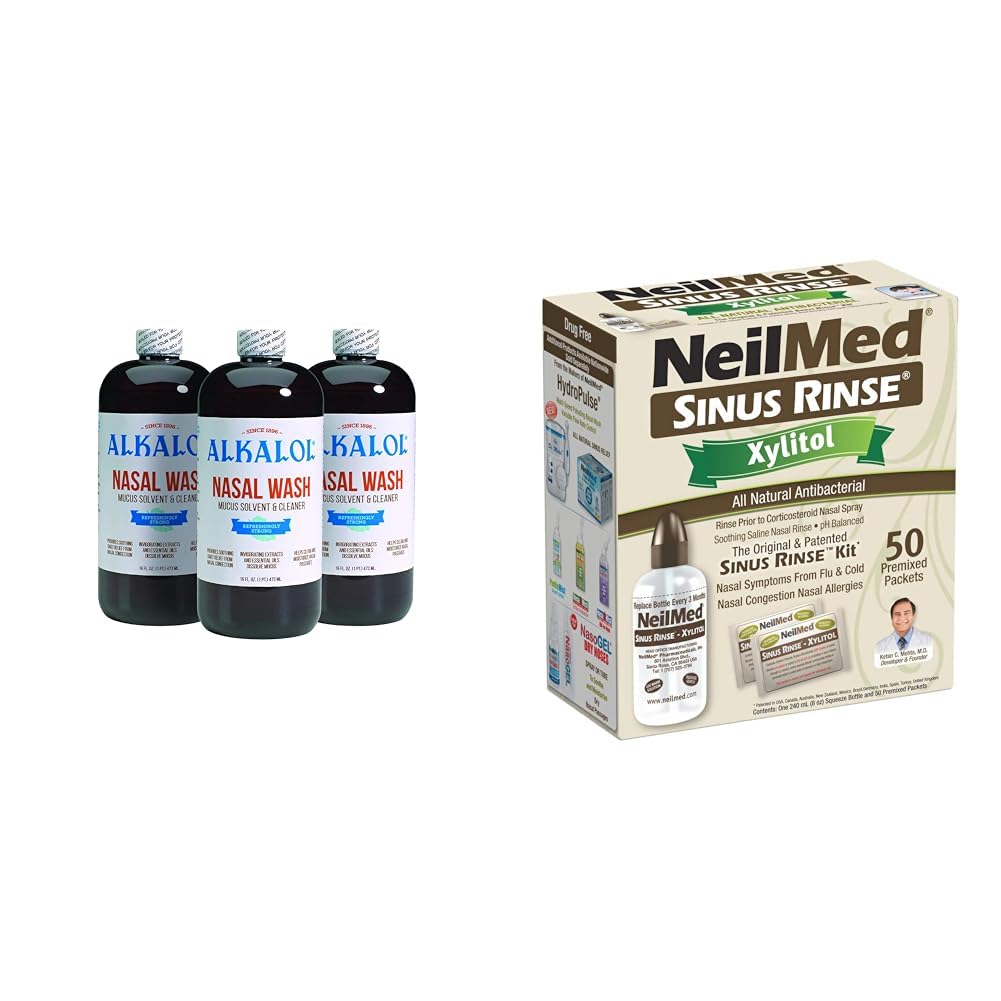 Alcalol Nasal Wash 3 Pack, Neilmed Sinus Clătite Kit cu Xilitol - Ajutor natural de la Congestie Nasală, Distilații Mucus, Antibacteriene