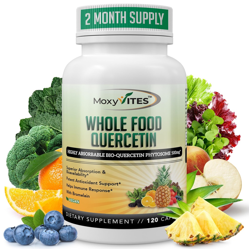 MoxiVites Querbetin cu Bromelain 500mg Supliment - Bioactive Phytosome Complex, Pur organic întreg alimente Suport sezonier, Antioxidant, 20X Absorbție & Biodisponibilitatea-120 Capace