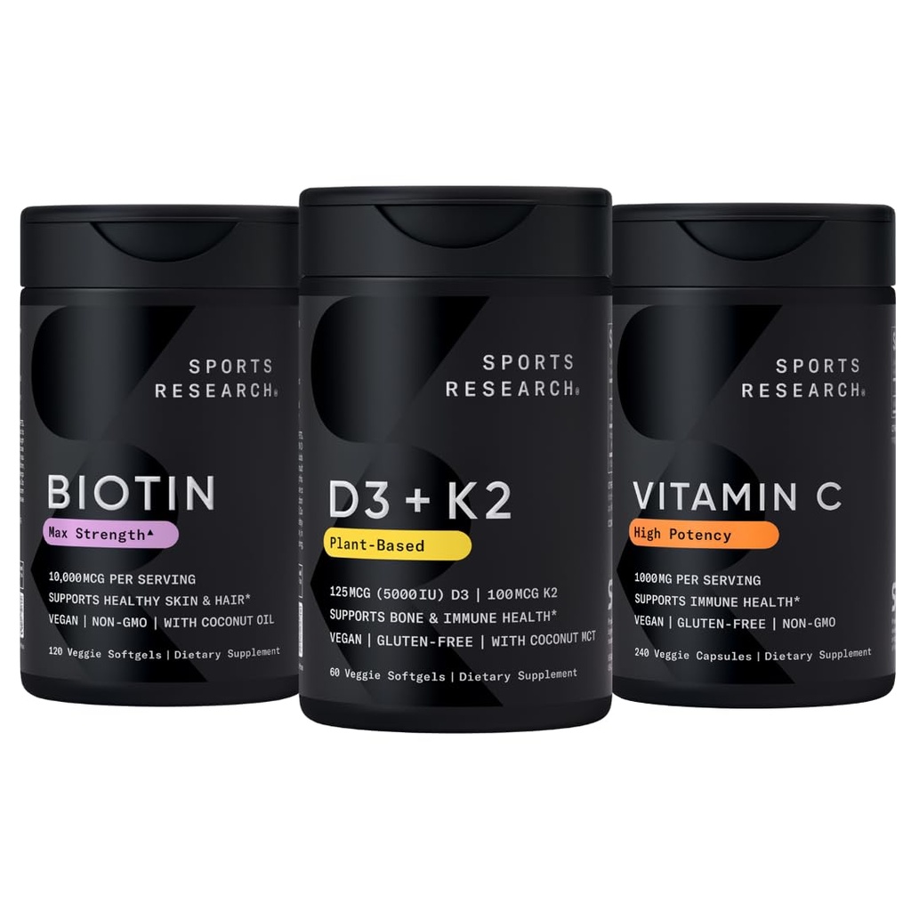 Cercetare sportivă Vitamina D3 5000iu K2 100mcg, Vegan Biotin 10000mcg cu ulei de cocos și supliment de vitamina C de mare potențial 1000mg