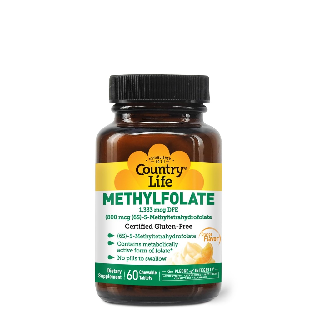Country Life Methylfolate Tablete masticabile - Metabolic Active Folate - Mare Tasting Orange Flavor - Gluten-Free - Melts netede - Vegan B12 - Vitamine pentru femei - Supliment zilnic - 60 comprimate