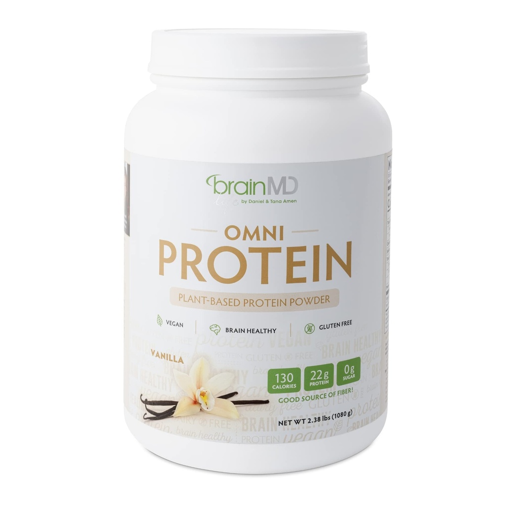 BrainMD Dr Amen Omni Protein Vanilla - 2.38 lbs - Pudră de proteine pe bază de plante - promovează recuperarea energiei și exercițiilor - Vegan, vegetarian, zahăr liber, gluten gratuit - 30 Serviri