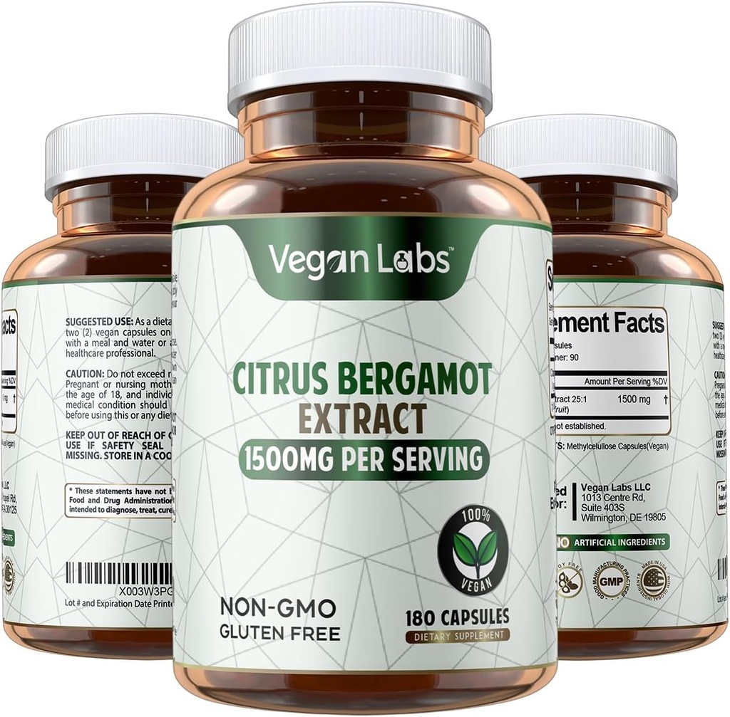 Vegan Labs Citrus Bergamot Extract 1500MG- 180 capsule Vegan- 25:1 Citrus Bergamia Extract- sprijină sănătatea generală și protecția antioxidant- gluten gratuit, non-GMO