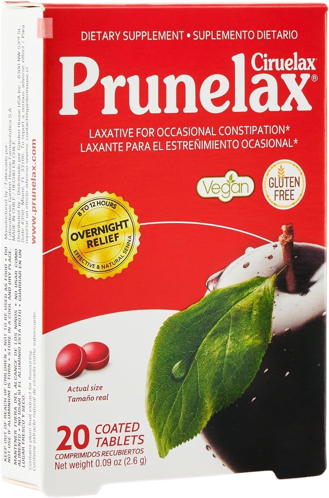 Prunelax Ciruelax Regular Putere Mini Tablete Laxative - Relief peste noapte pentru constipație ocazională, Senna Extract, Vegan & Gluten-Free, ajutor blând - 20ct