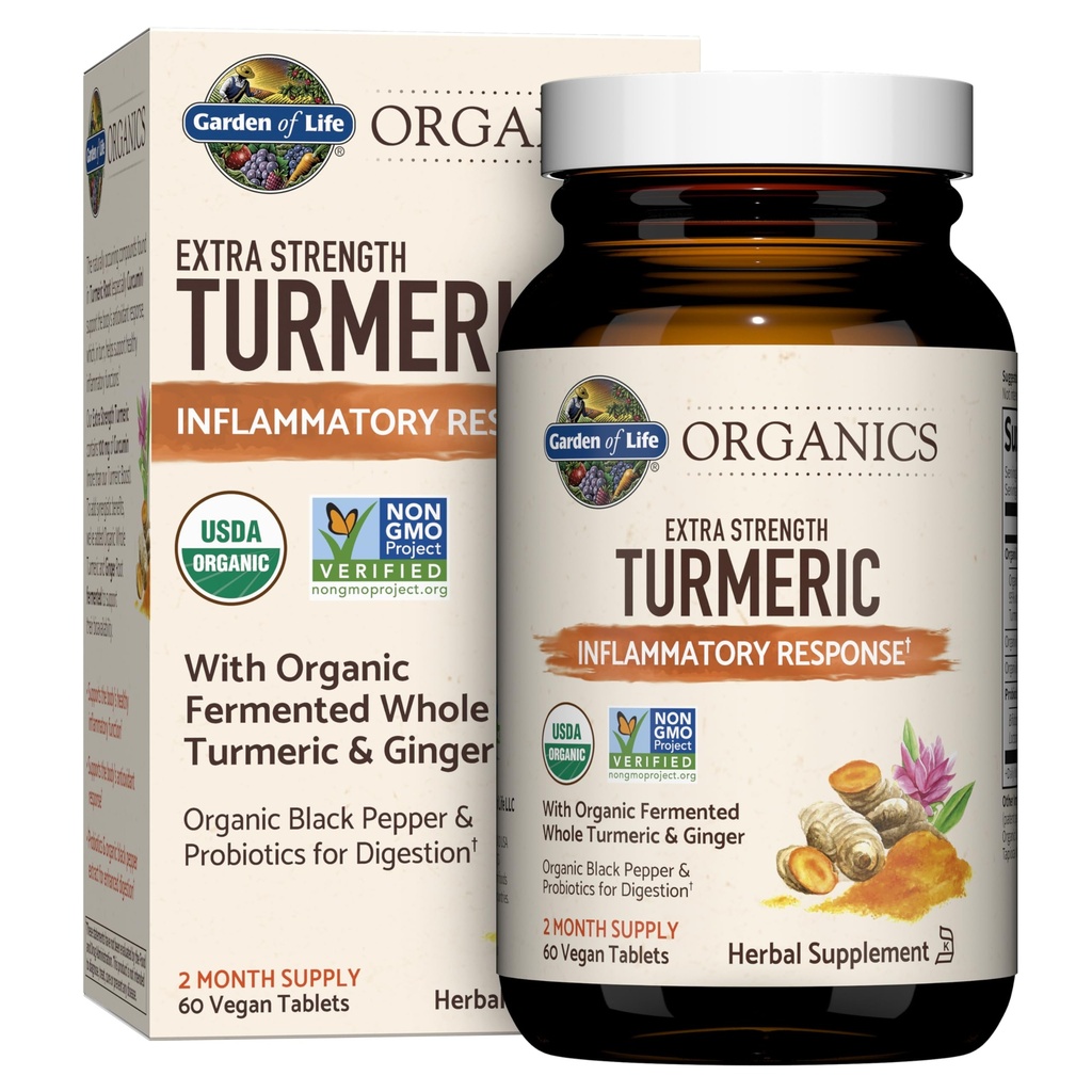 Garden of Life Organics Extra Putere Turmeric Inflammatory Response 60 Tablets-100mg Curcumin (95% Curcuminoide) Black Pepper, Probiotice, Organic non-GMO Vegan Gluten Free Herbal Supplement