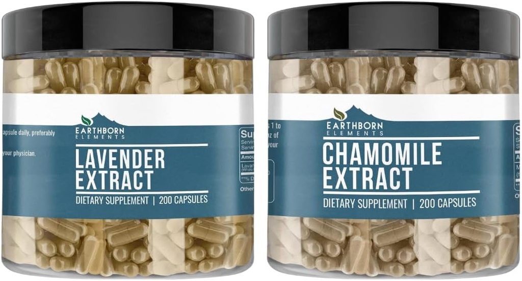 Elemente pământene Extract de mușețel și extract de lavandă Bundle, 200 capsule, pur și nediluat, fără aditivi