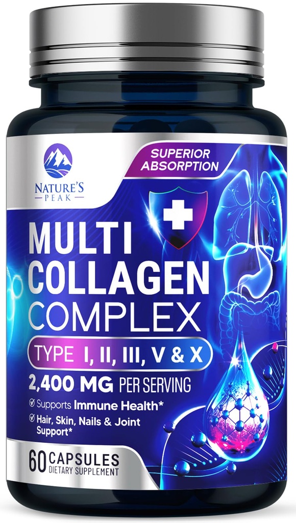 Multi Colagen Peptides Supliment pentru par, unghii, piele - tip I, II, III, V, X, Colagen Pastile pulbere - Grass-Fed, Hidrolizat pentru suport osos și comun pentru femei și bărbați, non-GMO - 60 capsule