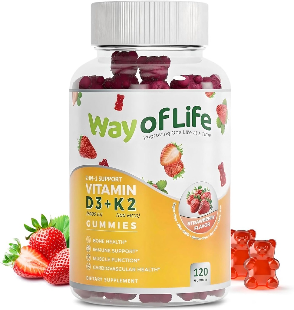 Vitamina D3 5000 UI (125 mcg) + K2 (MK-7) 100 mcg Gummie fără zahăr, căpşuni - 120 număr, Os şi Heart Health for Adulţi, Muşchi Funtion, Pectină, Tasty, Chewy, Non-GMO, Gluten-Free, Gelatină-Free