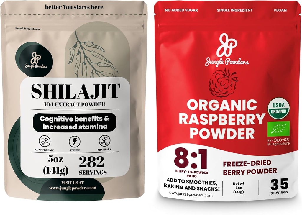 Jungle Powders Superfood Bundle: 5 oz Raw Shilajit & 5 oz Organic Raspberry Powder Combo - Men's Energy Support, Immune Boost, USDA Certified Freeze-Dryd Red Snakes for Cooking, Smoothies