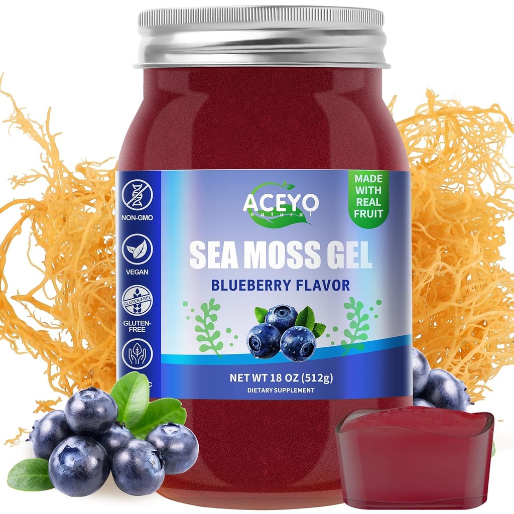 ACEYO (18 OZ) Irish Sea Moss Gel Organic Raw Vegan aroma de afine 102 Vitamine si Minerale Wild Harvested non-GMO Immune Defense Booster tiroida suport digestiv