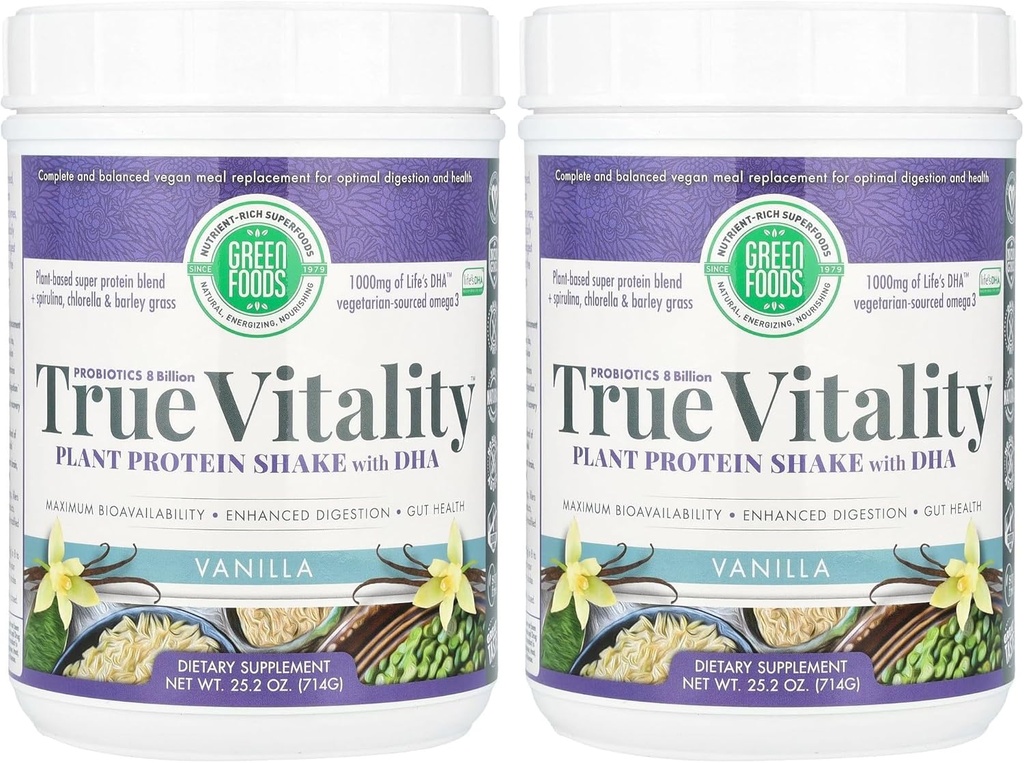 Green Foods True Vitality Plant Proteine Shake, Vanilla, 25.2 Ounce (Pachet de 2)