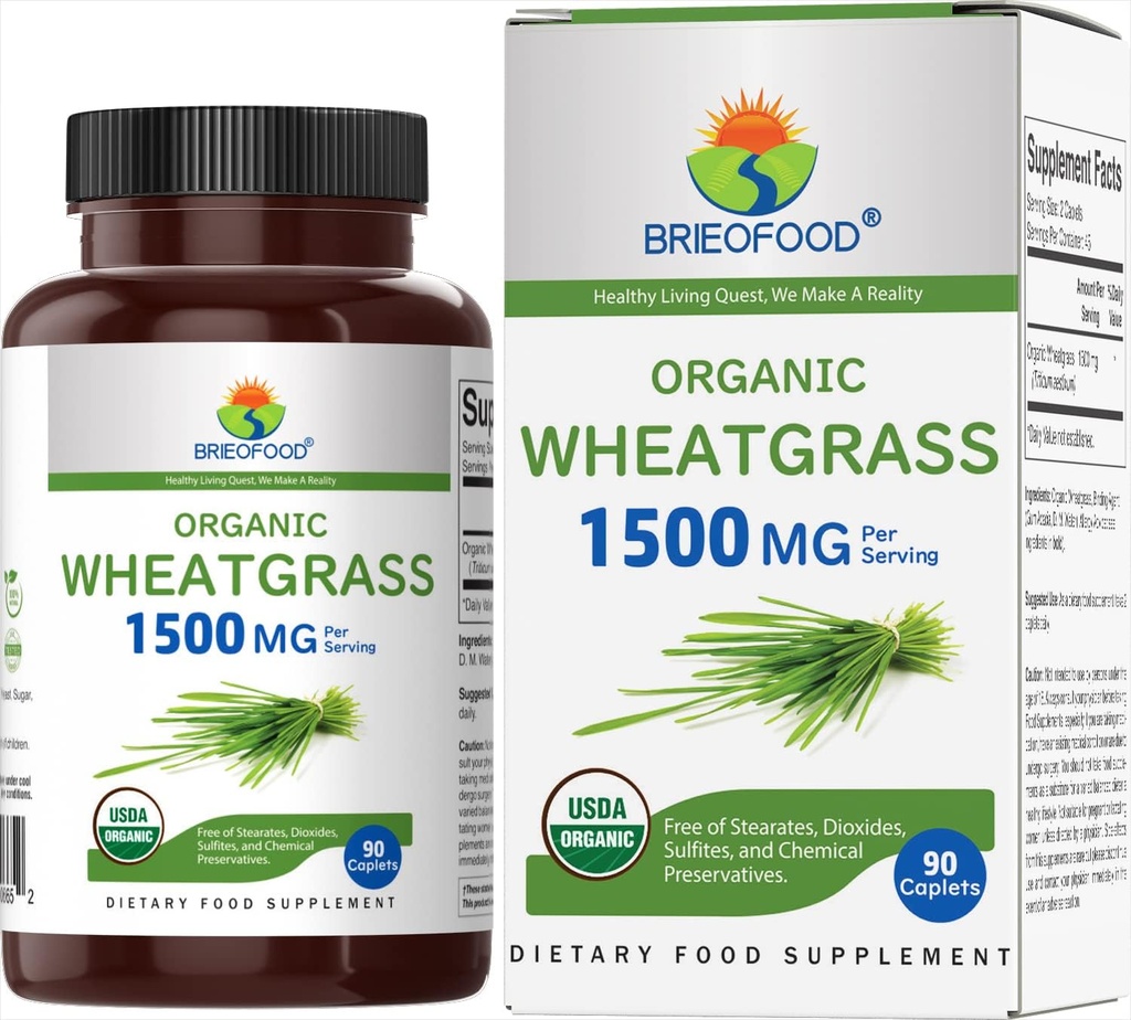 Brieofood Organic Wheatgrass 1500mg, 45 Servings, Vegetarian, Gluten Free, 90 comprimate vegetariene