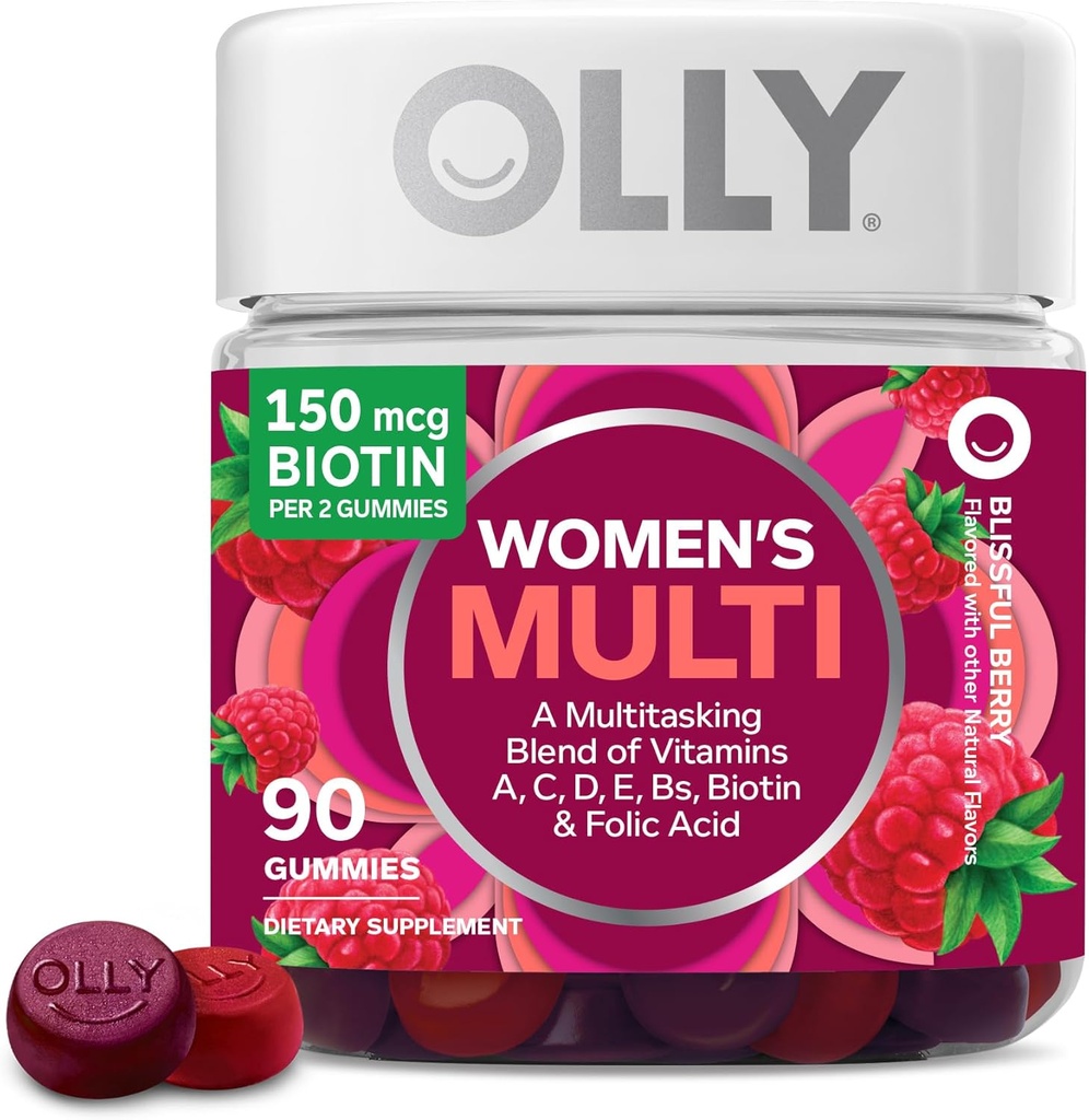 OLLY Femei's Multivitamine Gummy, Vitamine A, D, C, E, Biotin, Acid folic, Vitamina Chembable Adult, Aroma Berry, 45 Day Supply - 90 Conte