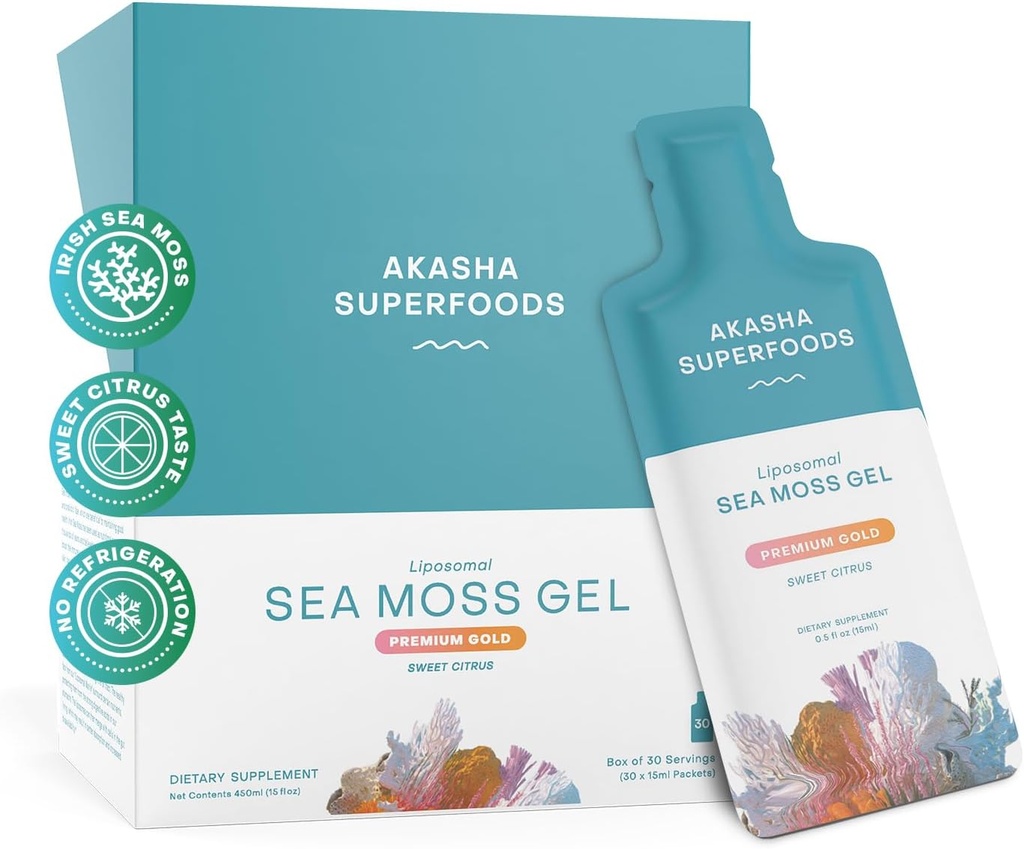 Akasha Superfoods Irish Sea Moss Gel, Liposomal Seamoss cu Irish Sea Moss, Vitamina E, Citrus, Vanilie organică, Glicerină, Piele, Energie și suport de sănătate pentru femei și bărbați, Flavor Citrus dulce, 30 Ct