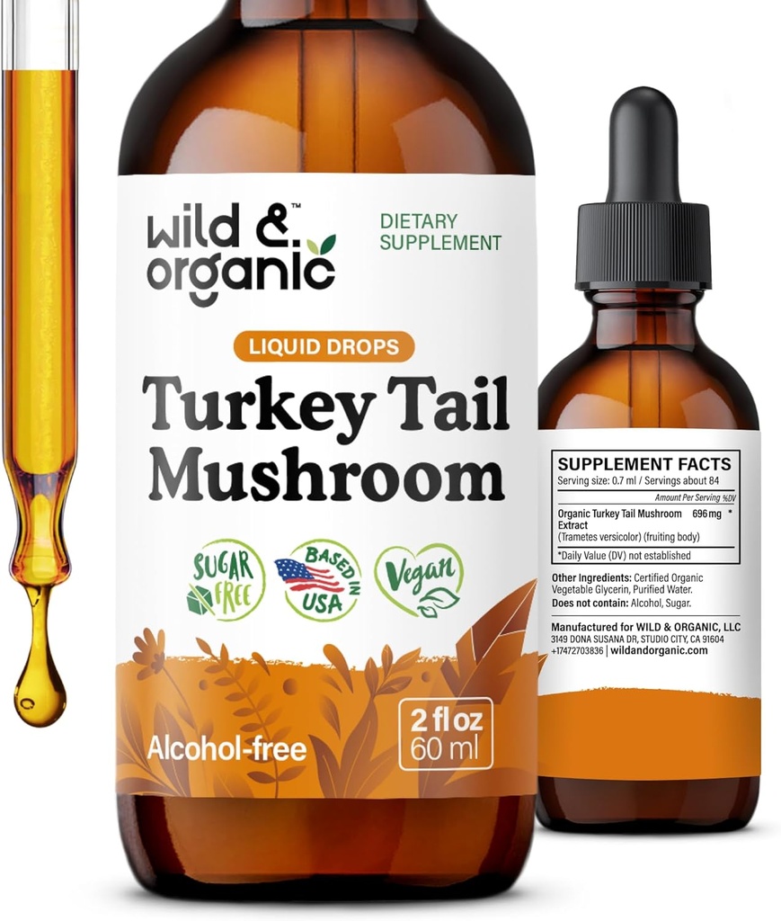 Wild & Organic Turcia Coajă Tinctură - Immune & Suport Gut - Turcia Coajă picaturi extract de ciuperci - Vegan, Sugar & Alcoolic-Liquid Supplement - 2 fl oz