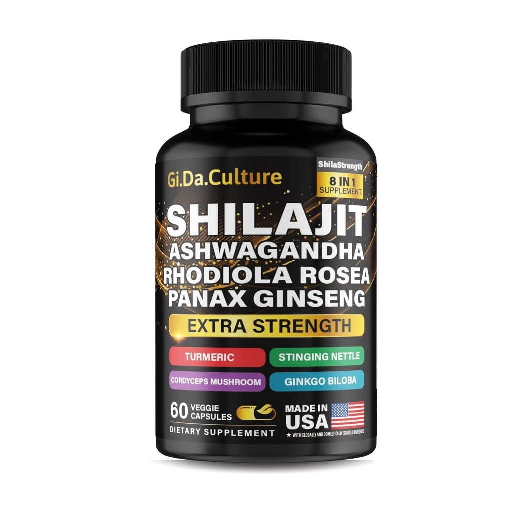 Silajit Ashwagandha Rhodiola Rosea Panax Ginseng - pentru bărbați și femei - Capsule Shilaj - 60 Capsule Veggie
